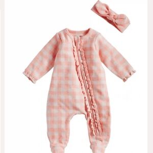 🎀Mud Pie Pink Gingham Onesie w/matching Headband 🎀